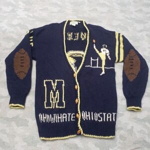 VTG Michigan Wolverines Cardigan Sweater Men Medium Blue Hand Knit Wool Football